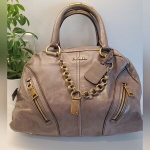 Prada Brown Vitello Shine Bowler Bag Women's With Chain Details